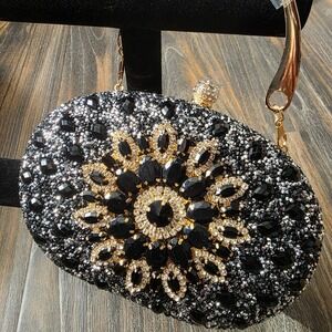 Ramla Black Crystal Embellished Oval Evening Clutch Purse Gold‎ Chain Strap